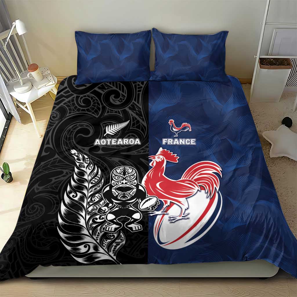 France And New Zealand Rugby Bedding Set Les Bleus Rooster With Maori Tiki - Polynesian Pride