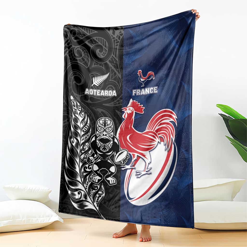 France And New Zealand Rugby Blanket Les Bleus Rooster With Maori Tiki - Polynesian Pride