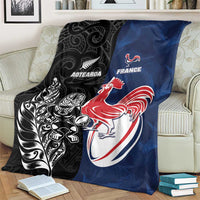 France And New Zealand Rugby Blanket Les Bleus Rooster With Maori Tiki - Polynesian Pride