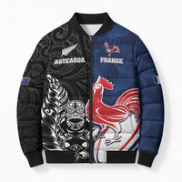 France And New Zealand Rugby Custom Bomber Puffer Jacket Les Bleus Rooster With Maori Tiki LT05 Unisex Black - Polynesian Pride
