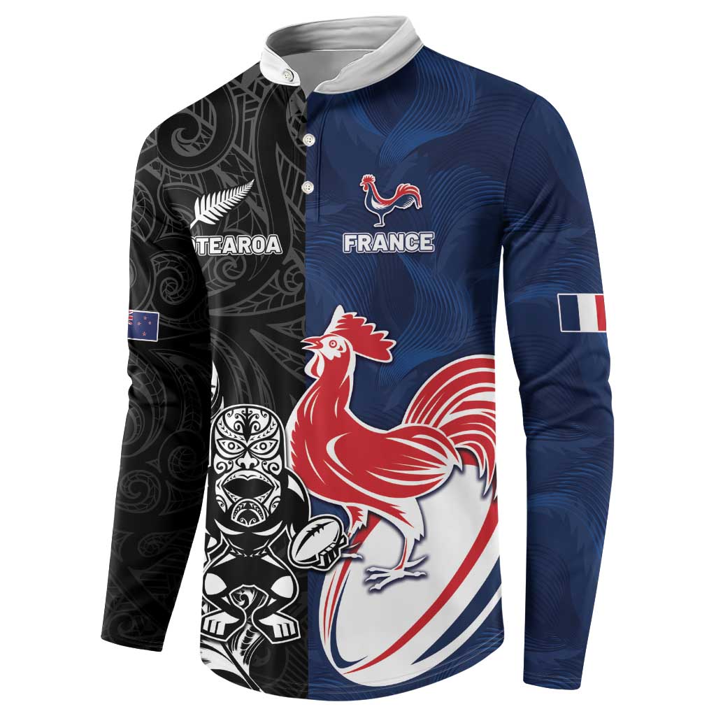 France And New Zealand Rugby Custom Button Sweatshirt Les Bleus Rooster With Maori Tiki LT05 - Polynesian Pride