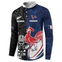 France And New Zealand Rugby Custom Button Sweatshirt Les Bleus Rooster With Maori Tiki LT05 - Polynesian Pride