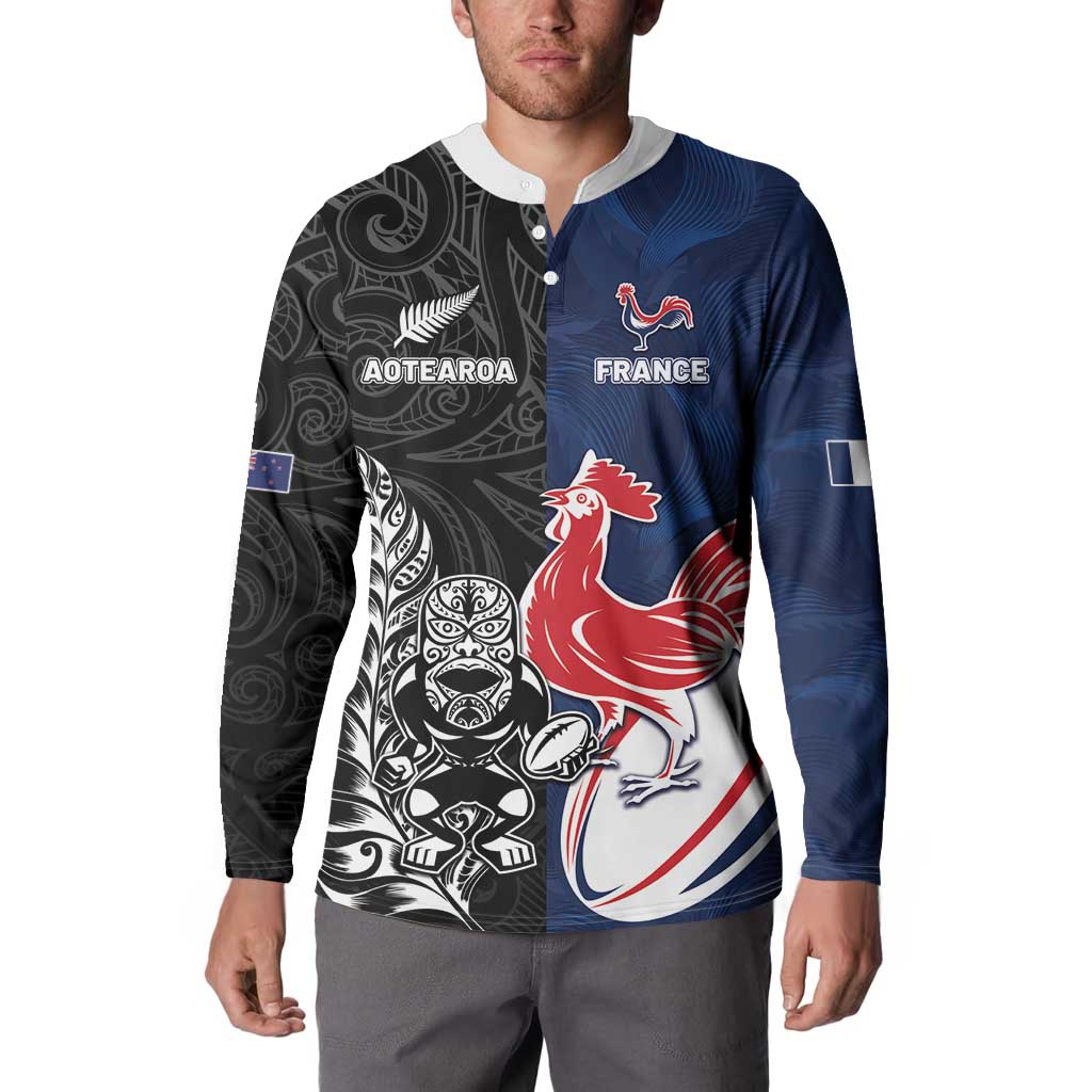 France And New Zealand Rugby Custom Button Sweatshirt Les Bleus Rooster With Maori Tiki LT05 - Polynesian Pride