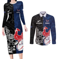 France And New Zealand Rugby Custom Couples Matching Long Sleeve Bodycon Dress and Long Sleeve Button Shirt Les Bleus Rooster With Maori Tiki LT05 Black - Polynesian Pride