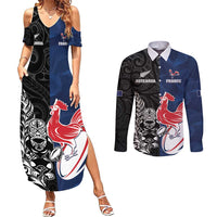 France And New Zealand Rugby Custom Couples Matching Summer Maxi Dress and Long Sleeve Button Shirt Les Bleus Rooster With Maori Tiki LT05 Black - Polynesian Pride