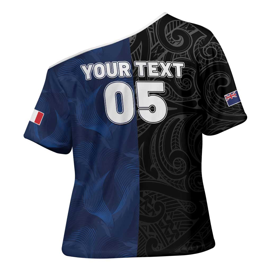 France And New Zealand Rugby Custom Cross Shoulder Shirt Les Bleus Rooster With Maori Tiki - Polynesian Pride