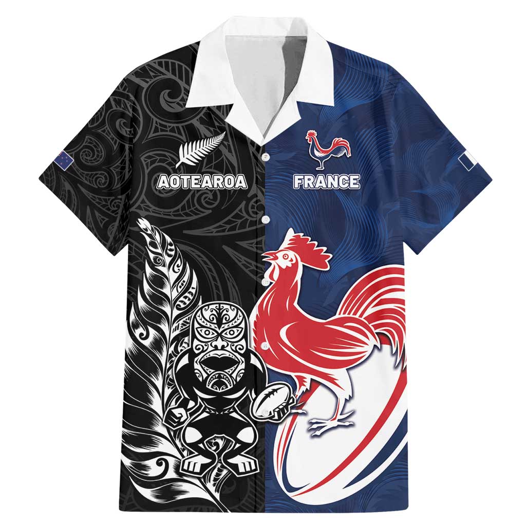 France And New Zealand Rugby Custom Family Matching Mermaid Dress and Hawaiian Shirt Les Bleus Rooster With Maori Tiki LT05 Dad's Shirt - Short Sleeve Black - Polynesian Pride