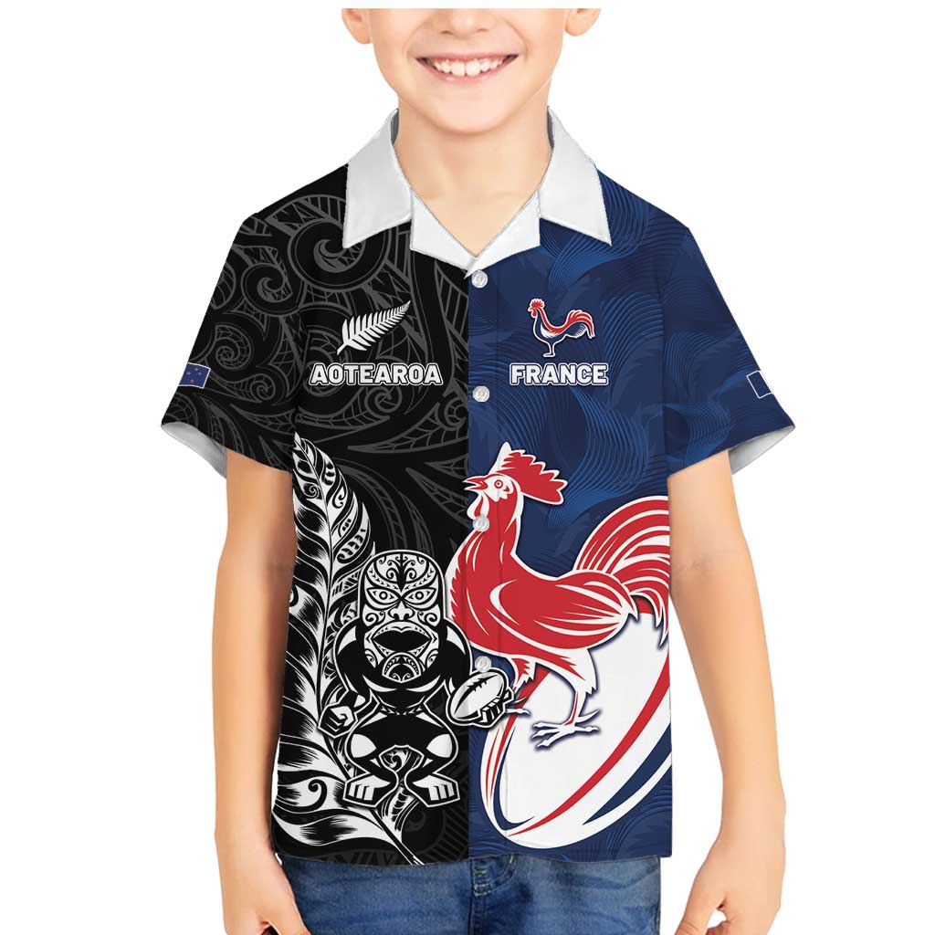 France And New Zealand Rugby Custom Family Matching Mermaid Dress and Hawaiian Shirt Les Bleus Rooster With Maori Tiki LT05 Son's Shirt Black - Polynesian Pride