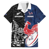 France And New Zealand Rugby Custom Family Matching Off The Shoulder Long Sleeve Dress and Hawaiian Shirt Les Bleus Rooster With Maori Tiki LT05 Dad's Shirt - Short Sleeve Black - Polynesian Pride