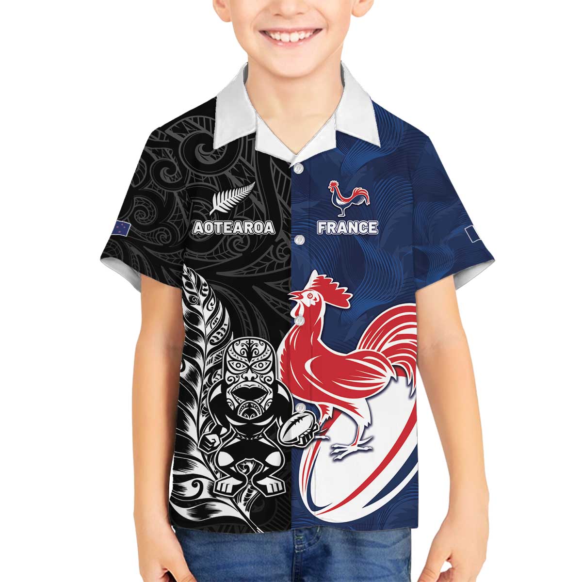 France And New Zealand Rugby Custom Family Matching Off The Shoulder Long Sleeve Dress and Hawaiian Shirt Les Bleus Rooster With Maori Tiki LT05 Son's Shirt Black - Polynesian Pride
