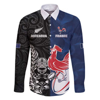 France And New Zealand Rugby Custom Family Matching Off Shoulder Maxi Dress and Hawaiian Shirt Les Bleus Rooster With Maori Tiki LT05 Dad's Shirt - Long Sleeve Black - Polynesian Pride