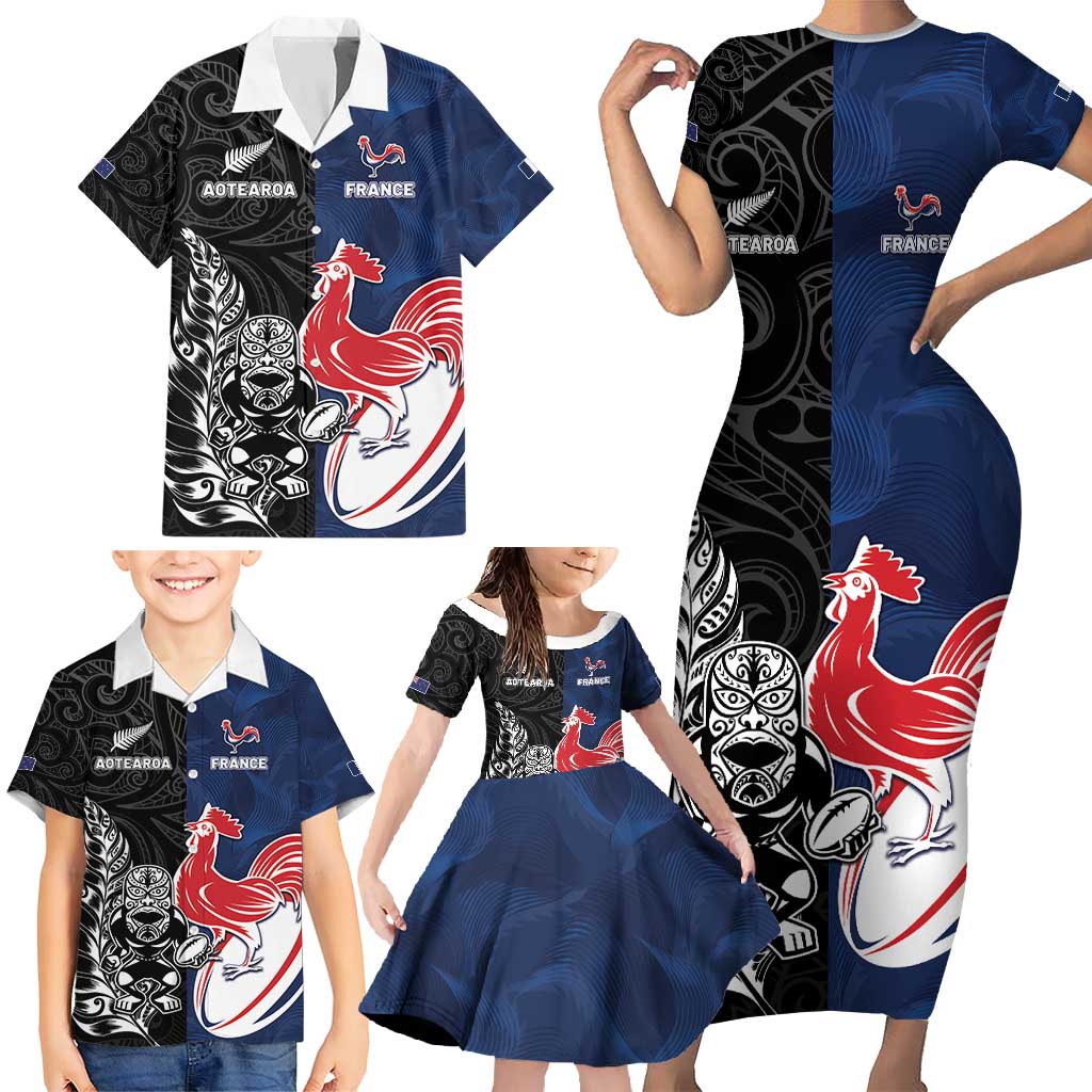 France And New Zealand Rugby Custom Family Matching Short Sleeve Bodycon Dress and Hawaiian Shirt Les Bleus Rooster With Maori Tiki LT05 - Polynesian Pride