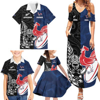 France And New Zealand Rugby Custom Family Matching Summer Maxi Dress and Hawaiian Shirt Les Bleus Rooster With Maori Tiki LT05 - Polynesian Pride