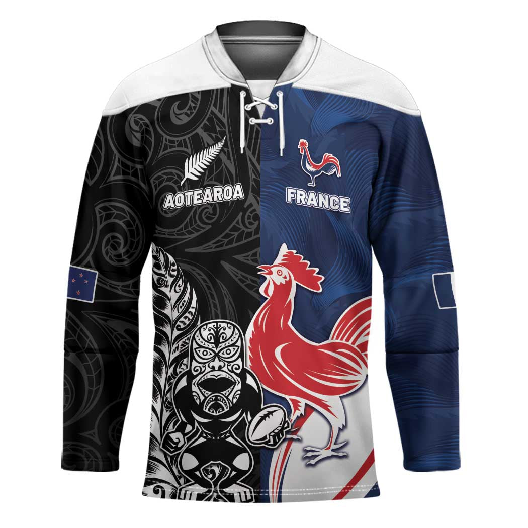 France And New Zealand Rugby Custom Hockey Jersey Les Bleus Rooster With Maori Tiki - Polynesian Pride