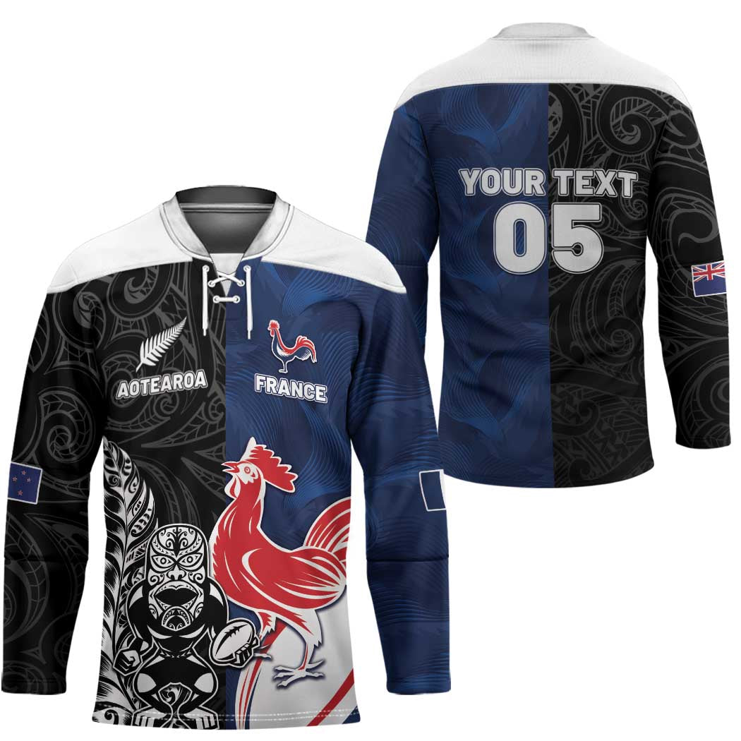France And New Zealand Rugby Custom Hockey Jersey Les Bleus Rooster With Maori Tiki - Polynesian Pride
