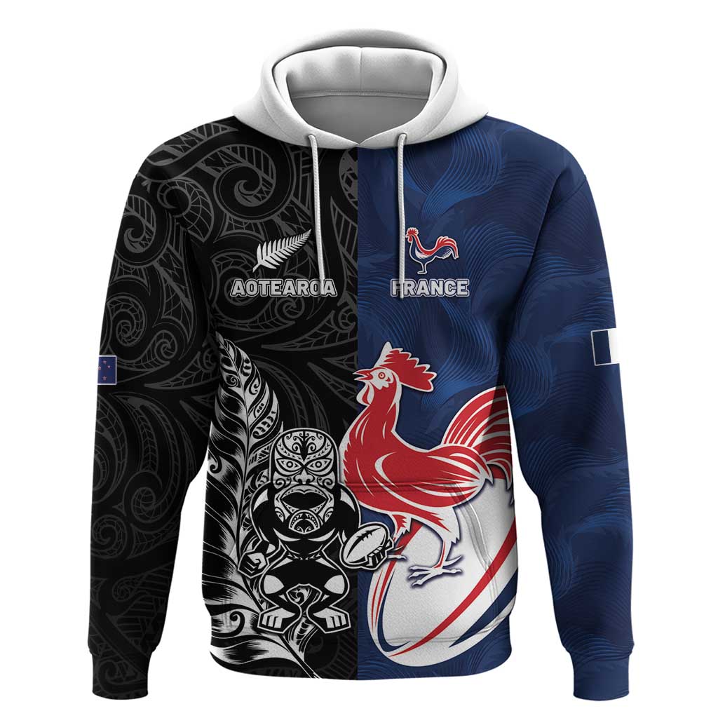 France And New Zealand Rugby Custom Hoodie Les Bleus Rooster With Maori Tiki - Polynesian Pride