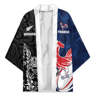 France And New Zealand Rugby Custom Kimono Les Bleus Rooster With Maori Tiki LT05 Unisex Black - Polynesian Pride