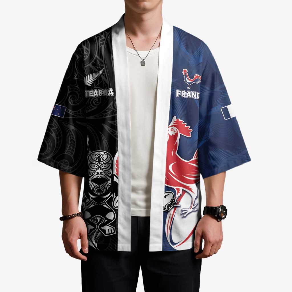 France And New Zealand Rugby Custom Kimono Les Bleus Rooster With Maori Tiki LT05 - Polynesian Pride
