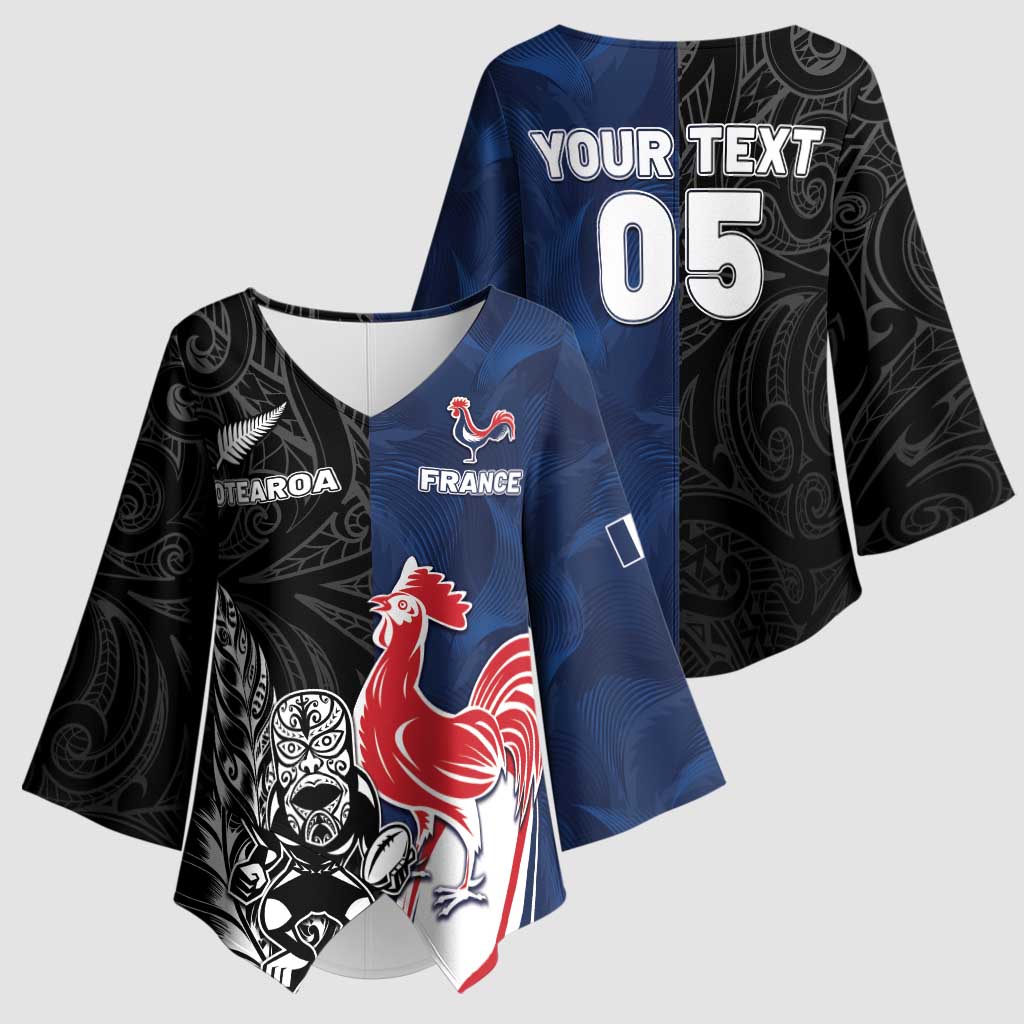 France And New Zealand Rugby Custom Kimono Sleeve Blouse Les Bleus Rooster With Maori Tiki LT05 - Polynesian Pride