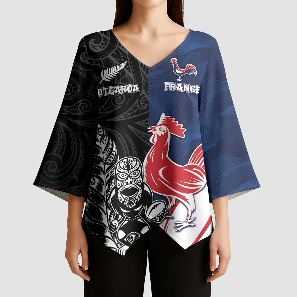 France And New Zealand Rugby Custom Kimono Sleeve Blouse Les Bleus Rooster With Maori Tiki LT05 - Polynesian Pride