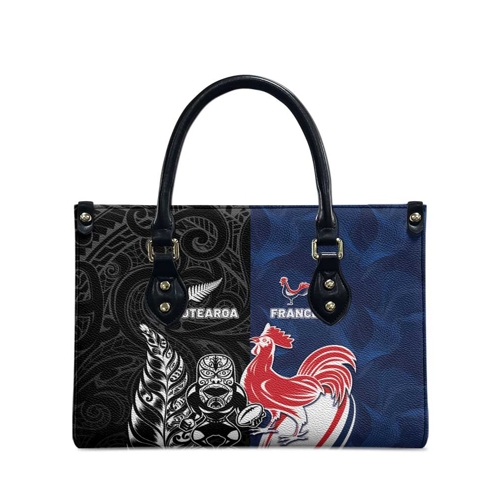 France And New Zealand Rugby Leather Bag Les Bleus Rooster With Maori Tiki - Polynesian Pride