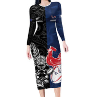 France And New Zealand Rugby Custom Long Sleeve Bodycon Dress Les Bleus Rooster With Maori Tiki LT05 Long Dress Black - Polynesian Pride