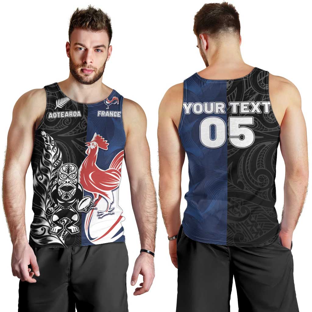 France And New Zealand Rugby Custom Men Tank Top Les Bleus Rooster With Maori Tiki LT05 - Polynesian Pride