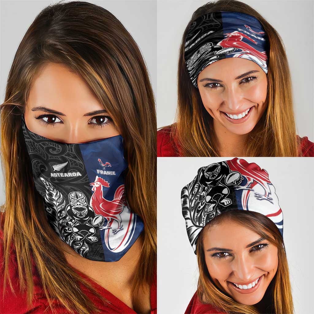 France And New Zealand Rugby Neck Gaiter Les Bleus Rooster With Maori Tiki LT05 - Polynesian Pride
