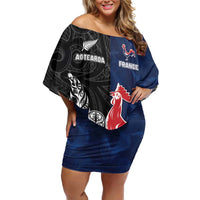France And New Zealand Rugby Custom Off Shoulder Short Dress Les Bleus Rooster With Maori Tiki - Polynesian Pride