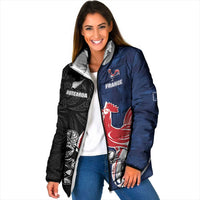 France And New Zealand Rugby Custom Padded Jacket Les Bleus Rooster With Maori Tiki LT05 Women Black - Polynesian Pride