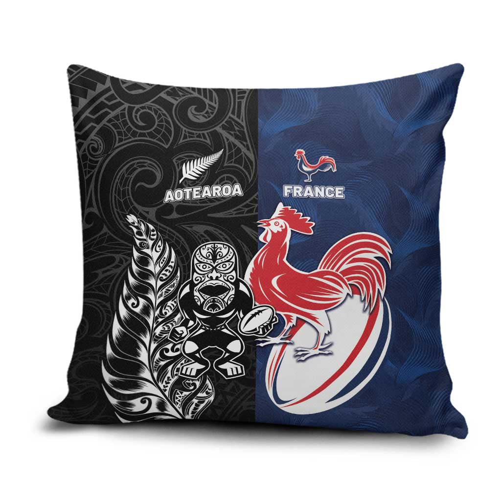 France And New Zealand Rugby Pillow Cover Les Bleus Rooster With Maori Tiki LT05 Black - Polynesian Pride
