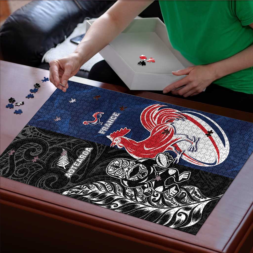 France And New Zealand Rugby Puzzle Les Bleus Rooster With Maori Tiki LT05 - Polynesian Pride