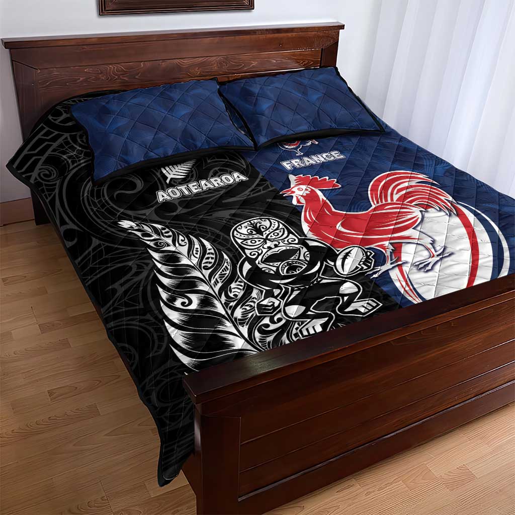 France And New Zealand Rugby Quilt Bed Set Les Bleus Rooster With Maori Tiki - Polynesian Pride