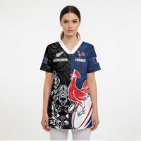 France And New Zealand Rugby Custom Scrub Top Les Bleus Rooster With Maori Tiki LT05 - Polynesian Pride