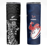 France And New Zealand Rugby Custom Skinny Tumbler Les Bleus Rooster With Maori Tiki LT05 Black - Polynesian Pride
