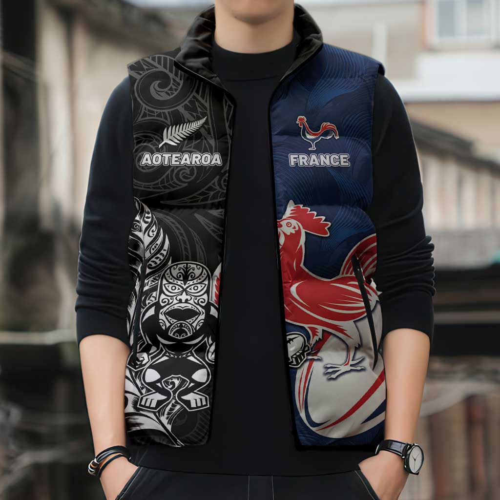 France And New Zealand Rugby Custom Sleeveless Puffer Jacket Les Bleus Rooster With Maori Tiki LT05 - Polynesian Pride