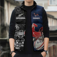 France And New Zealand Rugby Custom Sleeveless Puffer Jacket Les Bleus Rooster With Maori Tiki LT05 - Polynesian Pride