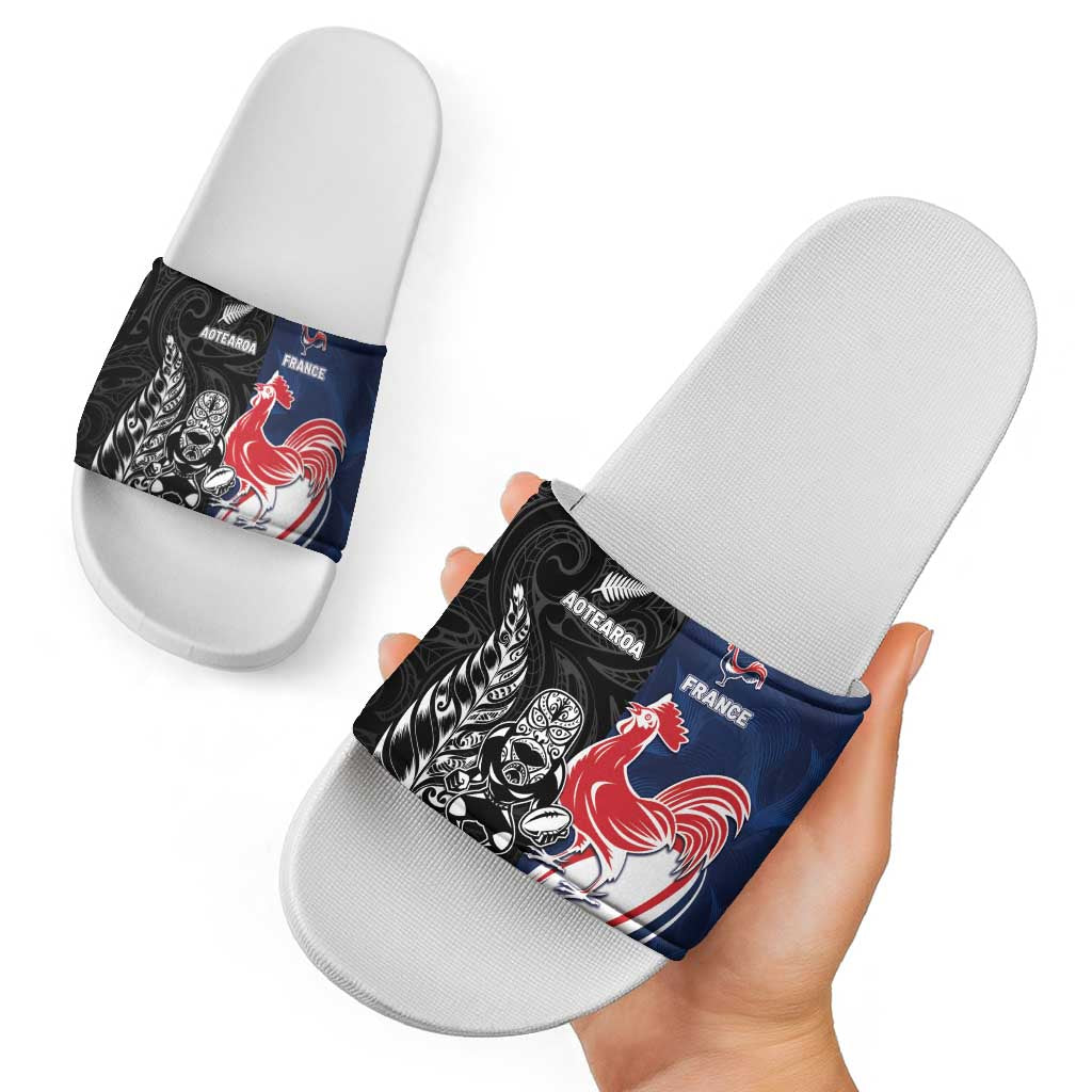 France And New Zealand Rugby Slide Sandals Les Bleus Rooster With Maori Tiki LT05 - Polynesian Pride