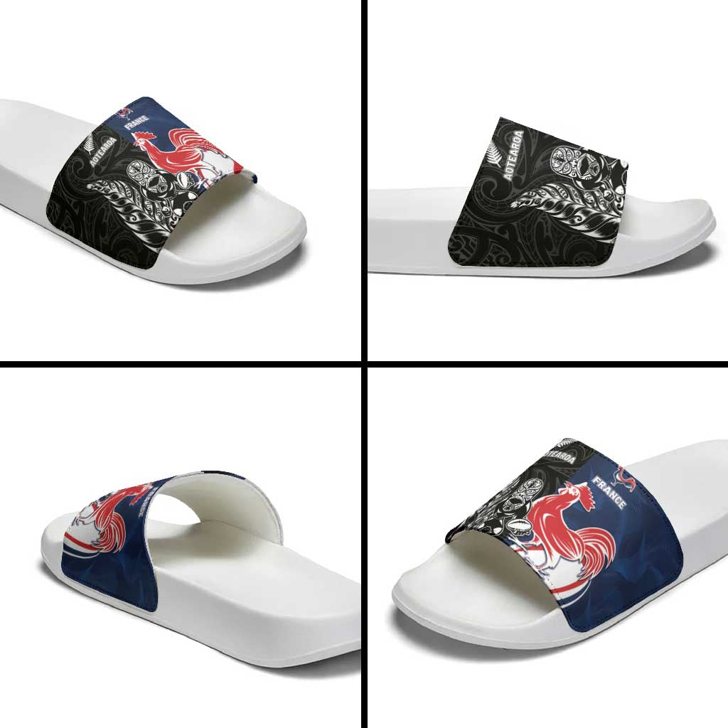 France And New Zealand Rugby Slide Sandals Les Bleus Rooster With Maori Tiki LT05 - Polynesian Pride