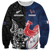 France And New Zealand Rugby Custom Sweatshirt Les Bleus Rooster With Maori Tiki LT05 Unisex Black - Polynesian Pride