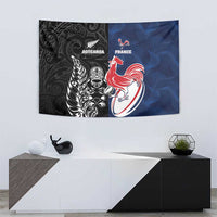France And New Zealand Rugby Tapestry Les Bleus Rooster With Maori Tiki LT05 - Polynesian Pride
