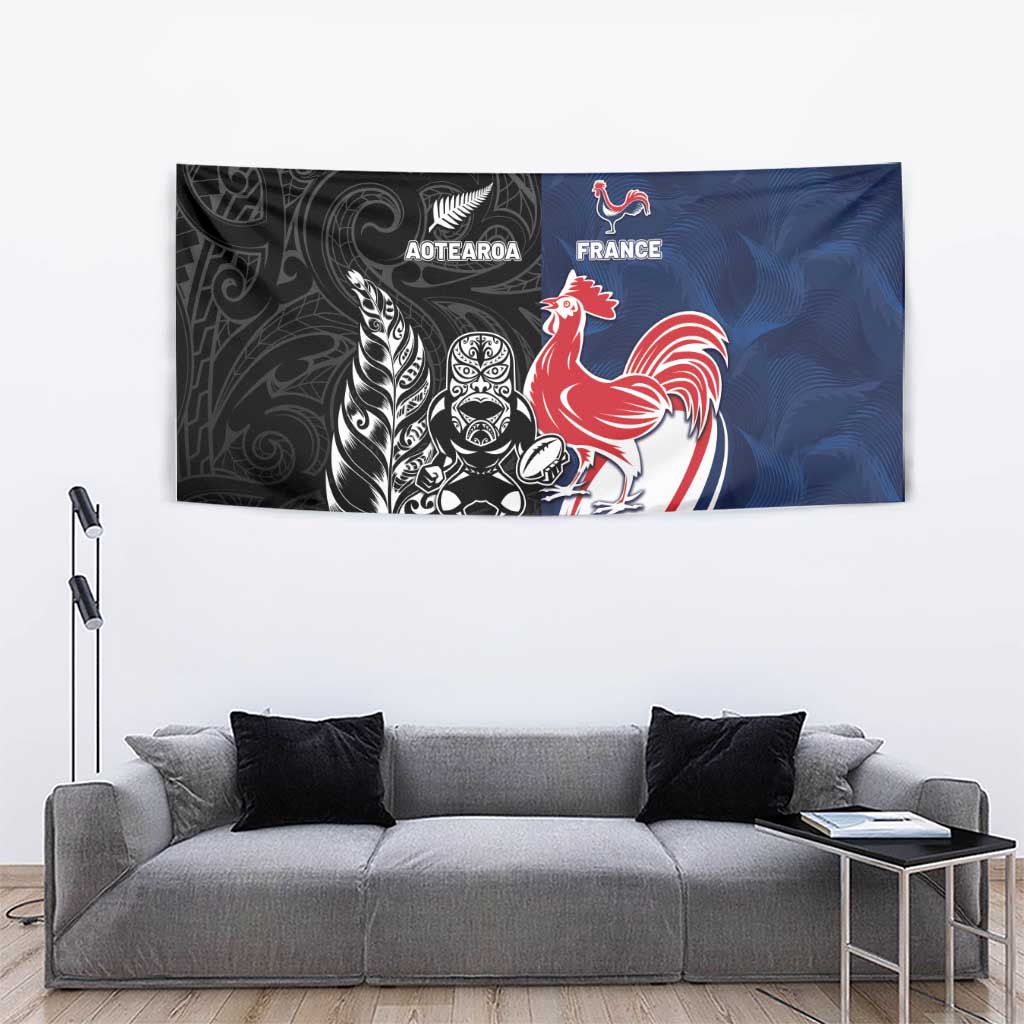 France And New Zealand Rugby Tapestry Les Bleus Rooster With Maori Tiki LT05 - Polynesian Pride