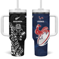 France And New Zealand Rugby Custom Tumbler With Handle Les Bleus Rooster With Maori Tiki LT05 One Size: 40 oz Black - Polynesian Pride