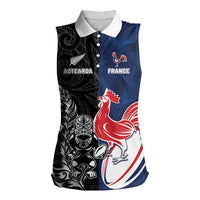 France And New Zealand Rugby Custom Women Sleeveless Polo Shirt Les Bleus Rooster With Maori Tiki - Polynesian Pride