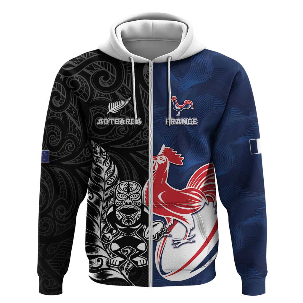 France And New Zealand Rugby Custom Zip Hoodie Les Bleus Rooster With Maori Tiki - Polynesian Pride