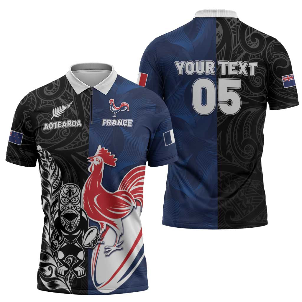 France And New Zealand Rugby Custom Zipper Polo Shirt Les Bleus Rooster With Maori Tiki - Polynesian Pride