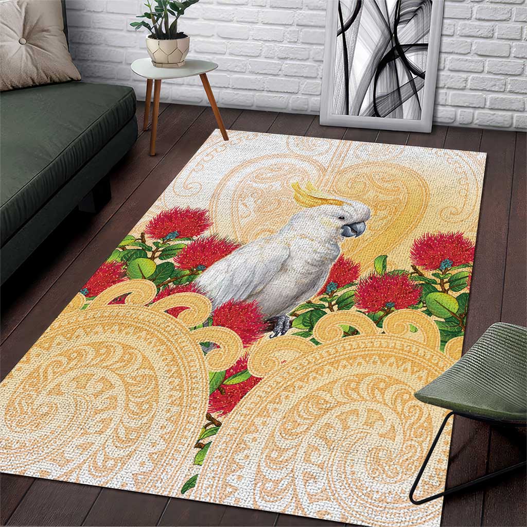 New Zealand Aotearoa Cockatoo Area Rug Maori Pattern With Pohutukawa Flowers