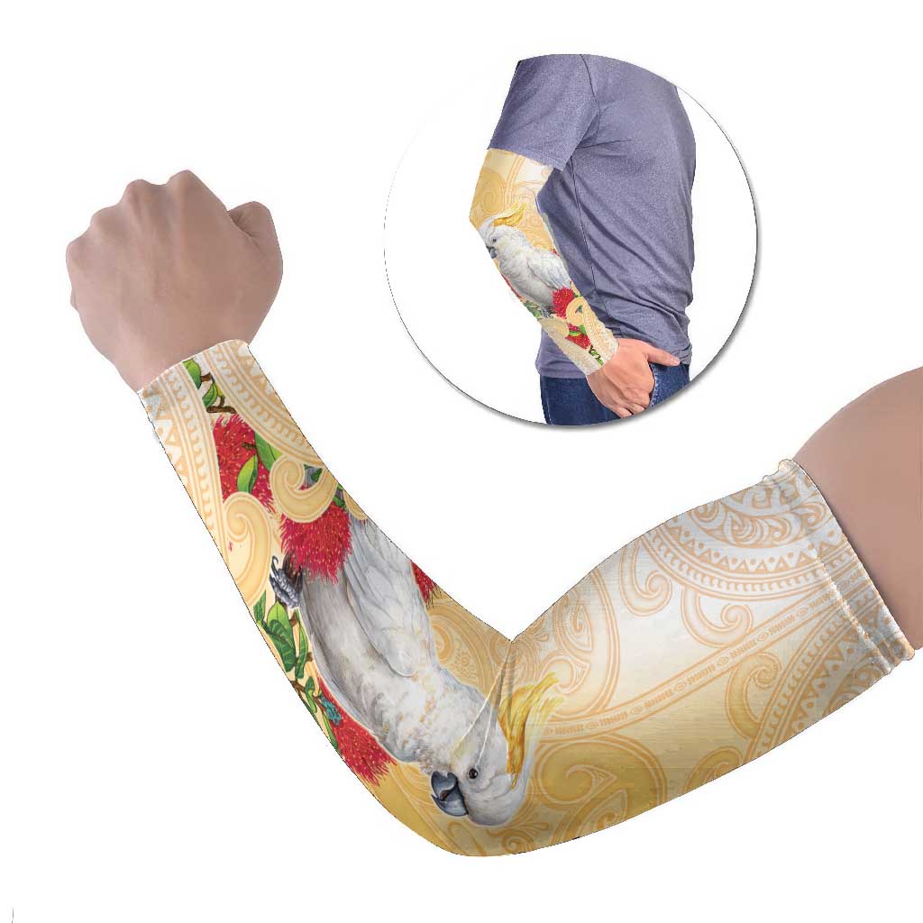 New Zealand Aotearoa Cockatoo Arm Sleeves Maori Pattern With Pohutukawa Flowers