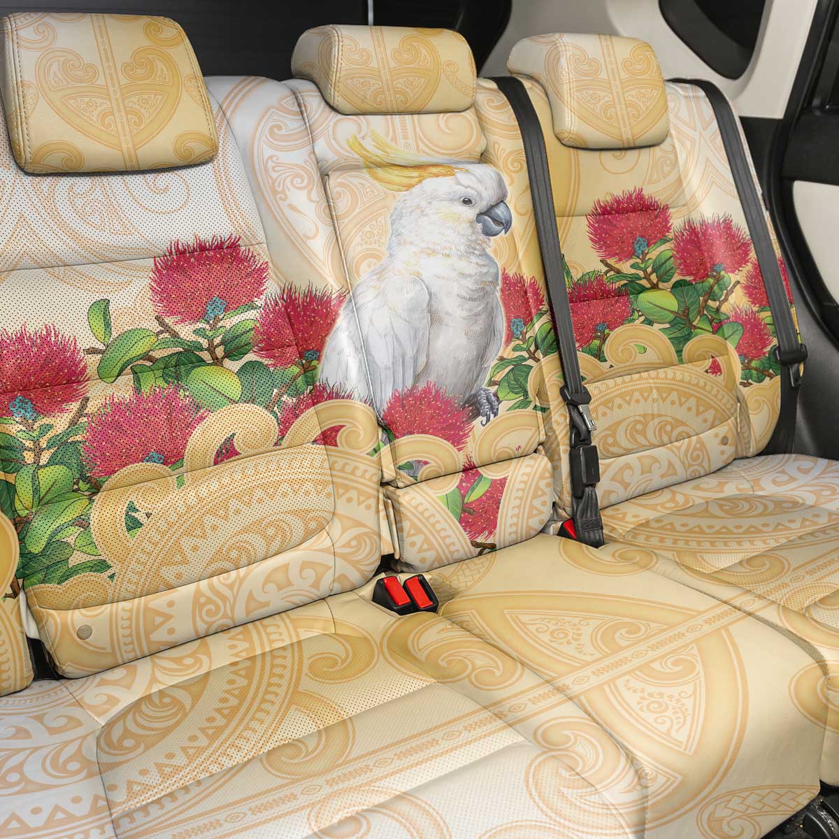 New Zealand Aotearoa Cockatoo Back Car Seat Cover Maori Pattern With Pohutukawa Flowers LT05 - Polynesian Pride