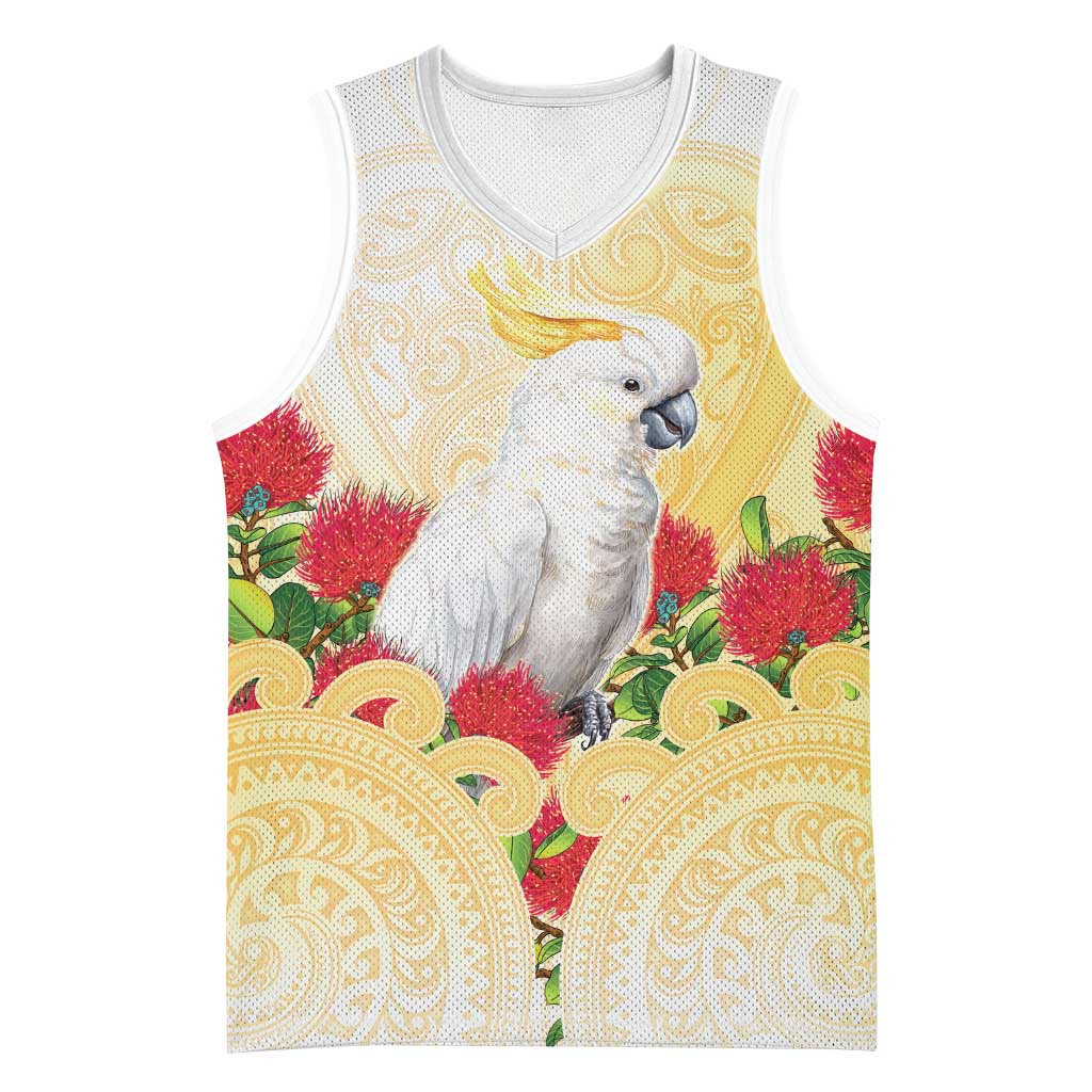 New Zealand Aotearoa Cockatoo Basketball Jersey Maori Pattern With Pohutukawa Flowers LT05 Unisex Beige - Polynesian Pride